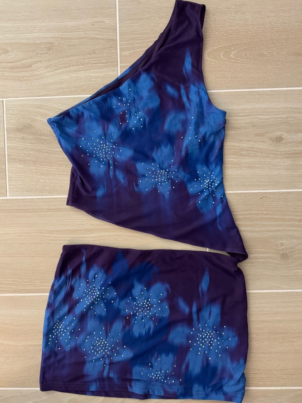 One-Shoulder Purple & Blue Tie-Dye Two-Piece Set
